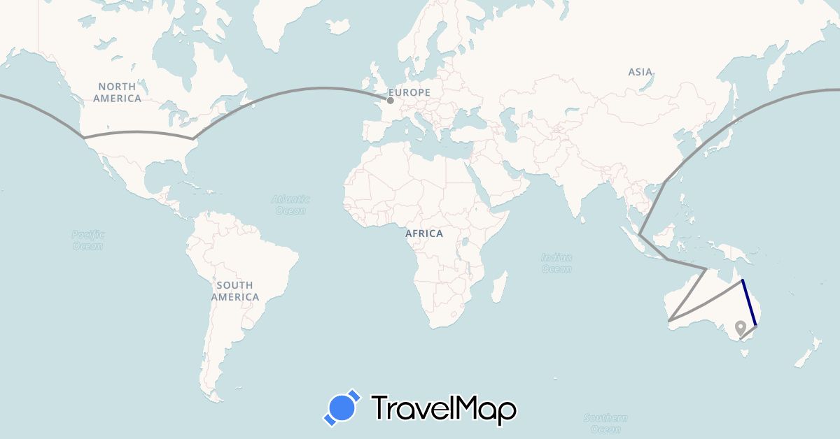TravelMap itinerary: driving, plane in Australia, China, France, Indonesia, Singapore, United States (Asia, Europe, North America, Oceania)